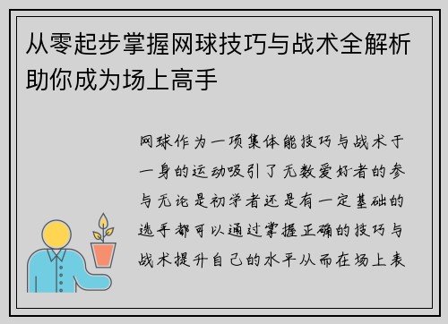 从零起步掌握网球技巧与战术全解析助你成为场上高手